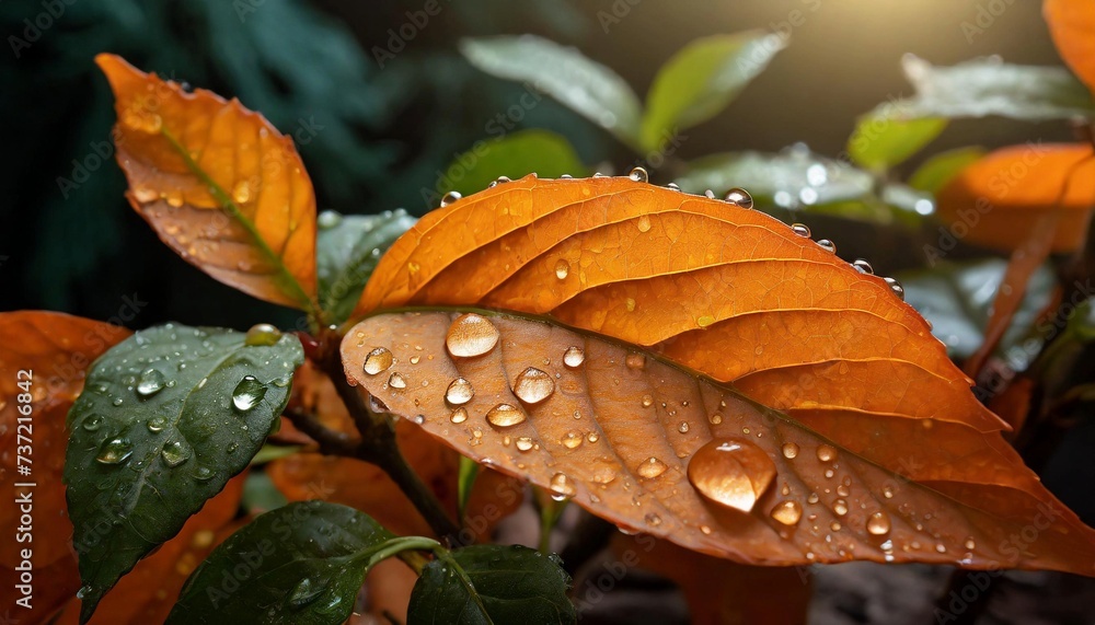 Orange and green autumn leaves with water drops. Orange and green autumn leaves with water drops.