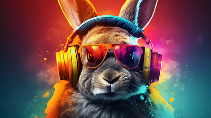 Easter bunny with headphones listening to music. Colorful easter background.