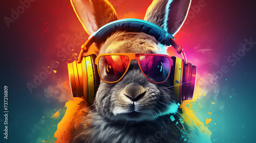 Easter bunny with headphones listening to music. Colorful easter background. photo