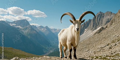 Alpine goat against a background of mountains and blue sky.