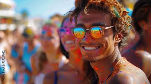 Close-up photo of People covered in colored powder at the Color Festival