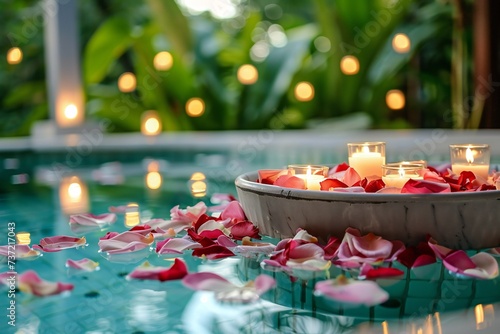 Spa or Jacuzzi with flower petals and candles in a romantic getaway