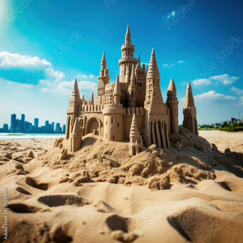 Grand sandcastle on beach, blurred city backdrop. AI generative. © น้ำฝน สามารถ