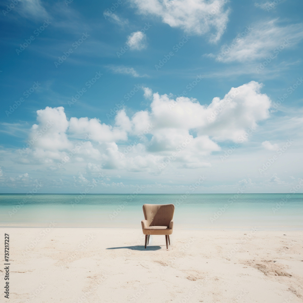 Secluded chair on tranquil coastal beach. AI generative.