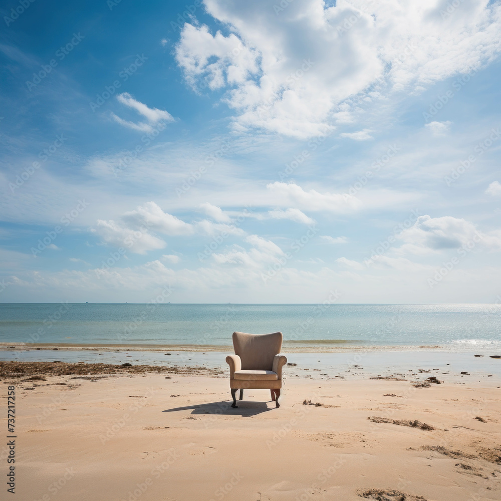 Vacant chair on peaceful seashore sand. AI generative.