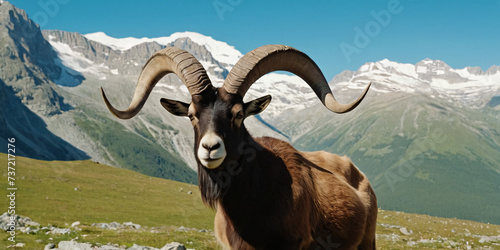 Alpine goat against a background of mountains and blue sky. © hobonski