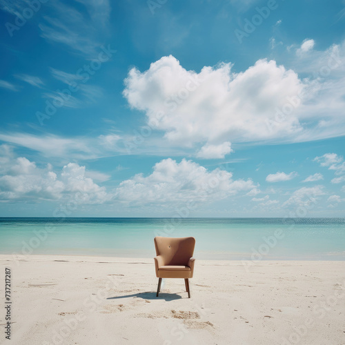 Solitary chair on tranquil ocean beach. AI generative.