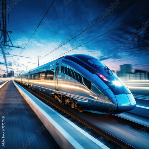 Fast-moving high-speed train on railroad tracks. Speedy transportation journey. AI generative.