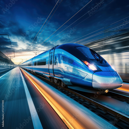 Long high-speed train travels fast on railway tracks. Transportation motion. AI generative.