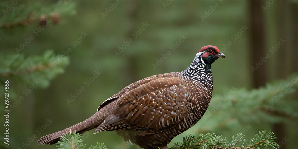 Obraz premium Forest bird black grouse sits on a spruce branch in a natural environment.