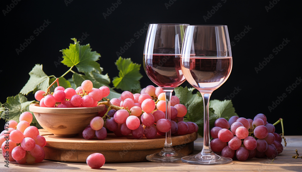 Fresh grape wine on wooden table, nature celebration of drink generated by AI Fresh grape wine on wooden table, nature celebration of drink generated by AI
