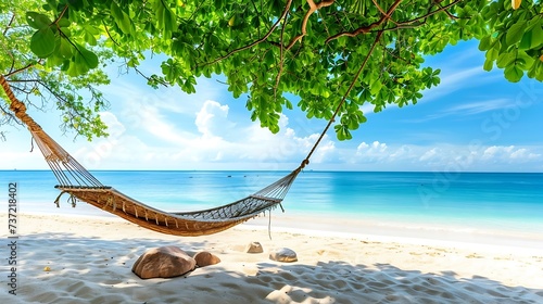 summer landscape panorama with beach swing or hammock and white sand and calm sea beach banner