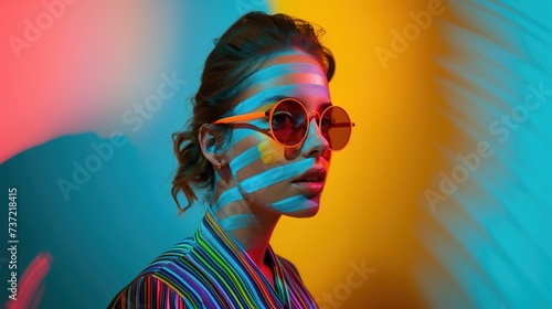 The models wore colorful outfits and had stripes on their faces. in abstract color style blue and yellow Ideal beauty