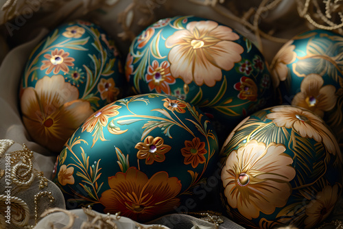Elegant Hand-Painted Easter Eggs Amidst Luxurious Fabrics: A Rich Display of Artistry and Elegance in a Harmonious Composition
