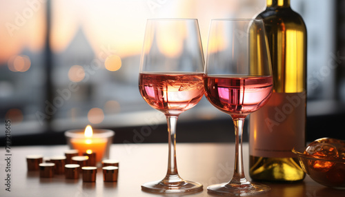 Romantic celebration wine, candle, table, luxury, night, elegance, champagne generated by AI