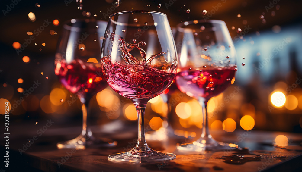 Celebration night wineglass pouring red wine, glass illuminated with elegance generated by AI