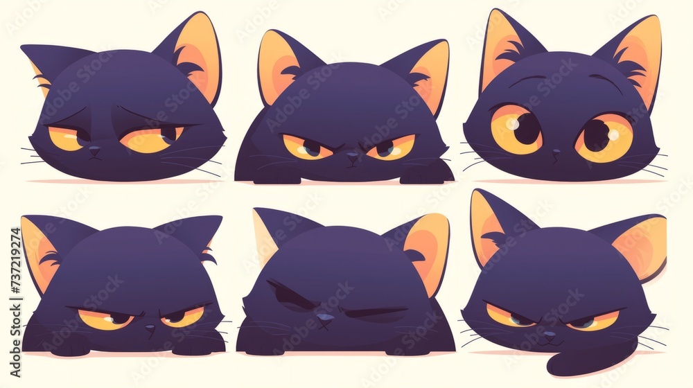 A set of six different poses of a black cat