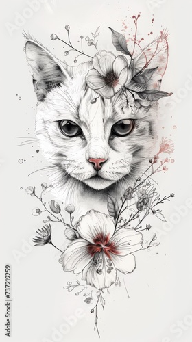 A drawing of a cat with flowers on its head © Maria Starus