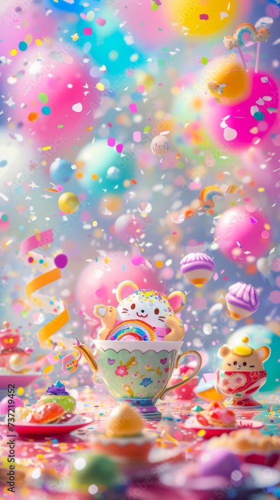 Fototapeta premium A tea cup with a teddy bear on it surrounded by confetti and balloons