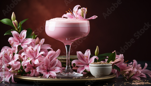 Wallpaper Mural Fresh pink flowers blossom in a vase on a wooden table generated by AI Torontodigital.ca