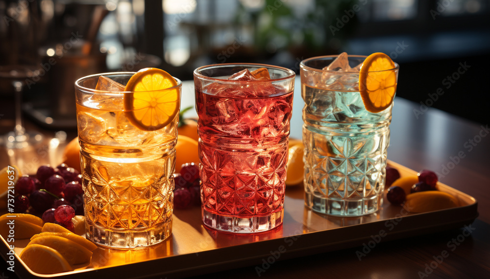 Refreshing cocktail with citrus fruits on a wooden table generated by AI Refreshing cocktail with citrus fruits on a wooden table generated by AI