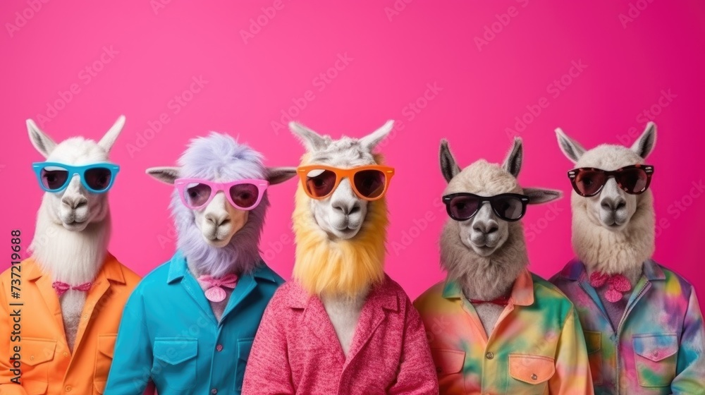 Creative animal concept. Unicorn in a group, vibrant bright fashionable outfits isolated on solid background advertisement, copy text space