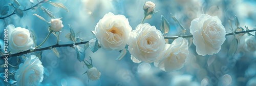 White Roses on Birch Tree in the Style of Light Sky Blue and Azure - Bokeh Panorama Cherry Blossoms Shaped Canvas Background created with Generative AI Technology photo