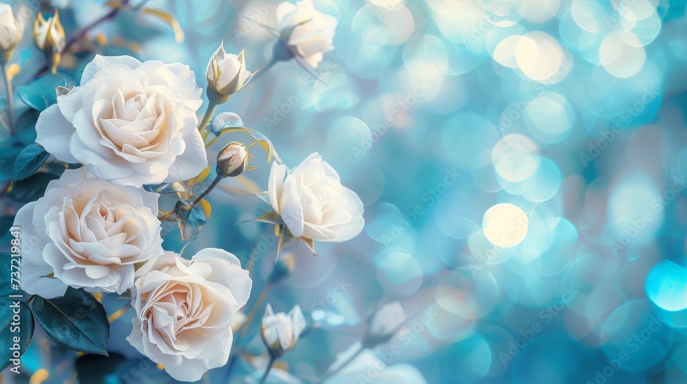 White Roses on Birch Tree in the Style of Light Sky Blue and Azure - Bokeh Panorama Cherry Blossoms Shaped Canvas Background created with Generative AI Technology