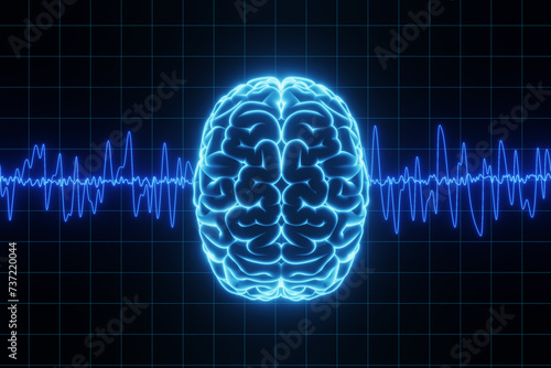фотографія Glowing human brain with neural oscillation brainwaves passing through it on dark background