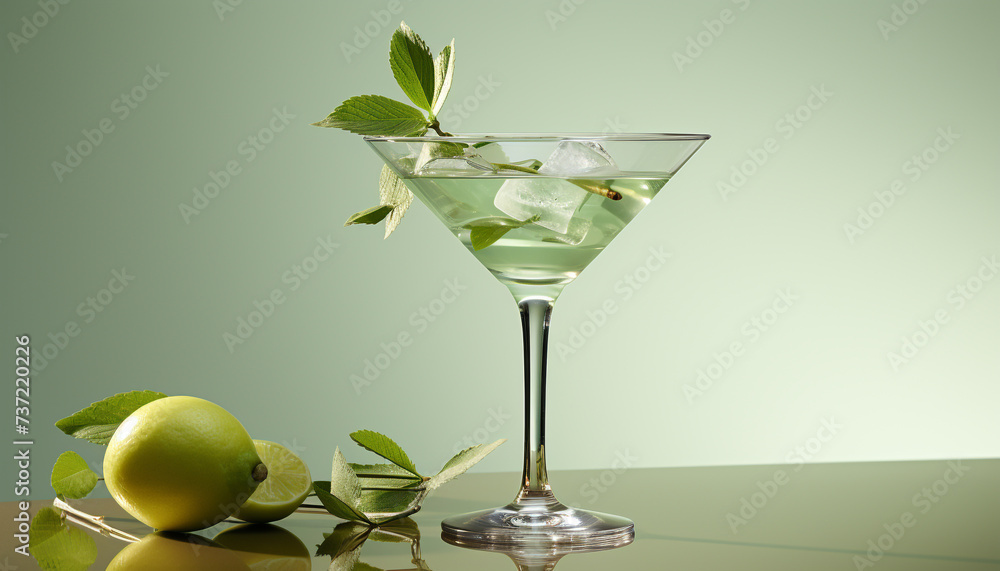Fresh fruit cocktail in a green glass with lemon and mint generated by AI Fresh fruit cocktail in a green glass with lemon and mint generated by AI