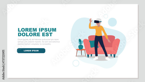 Vektor-Illustration einer Frau, die eine Virtual-Reality-Brille in ihrem Wohnzimmer benutzt - Konzept der künstlichen Intelligenz