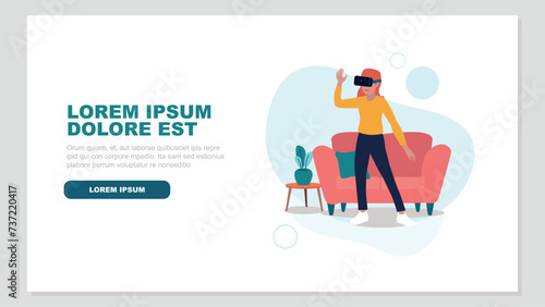 Vektor-Illustration einer Frau, die eine Virtual-Reality-Brille in ihrem Wohnzimmer benutzt - Konzept der künstlichen Intelligenz