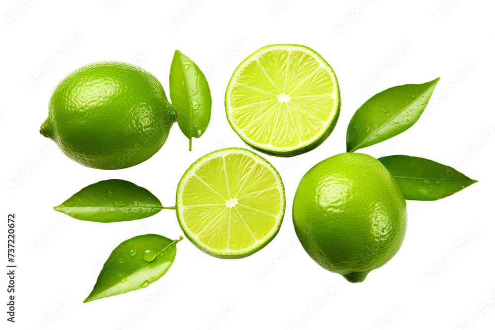 illustration of fresh limes both whole and sliced, Isolated on transparent PNG background, Generative ai