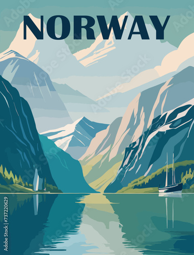 Norway Travel Destination Poster in retro style. Mountain landscape  print. Europe vacation, international holidays, tourism concept. Vintage vector colorful illustration in bright blue colors.