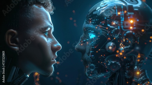 Futuristic yet realistic image of a human interacting with advanced AI technology photo