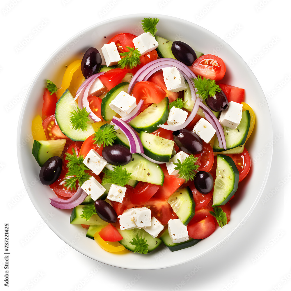 Delicious Greek salad in a white bowl, top view isolated on white background