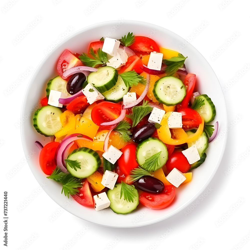 Delicious Greek salad in a white bowl, top view isolated on white background Delicious Greek salad in a white bowl, top view isolated on white background