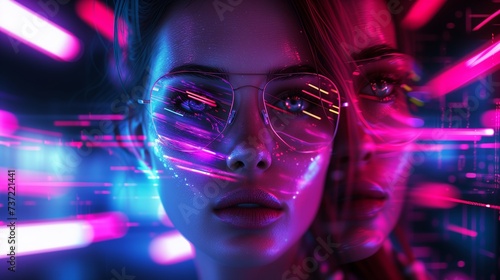 Close-up potrait of a Woman Face in Futuristic Style Fashion with a Cybernetic Neon Cyberpunk Background Light