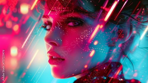 Close-up potrait of a Woman Face in Futuristic Style Fashion with a Cybernetic Neon Cyberpunk Background Light