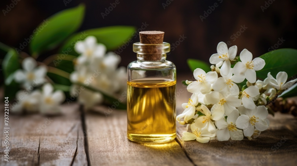Essential oil with jasmine flowers on a wooden background Essential oil with jasmine flowers on a wooden background