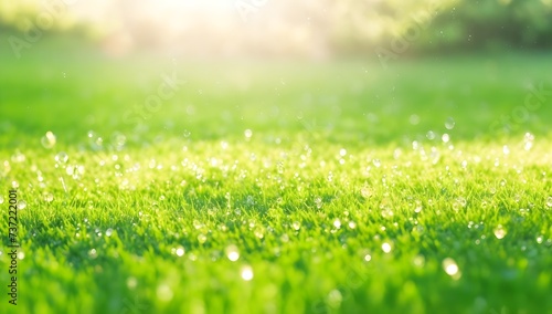 Green grass background with rain drops. Raindrops falling on green grass. © Adam