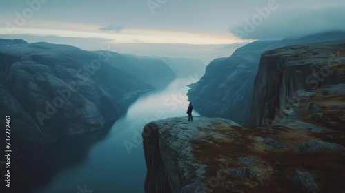 A person standing at the edge of a cliff  overlooking a majestic landscape