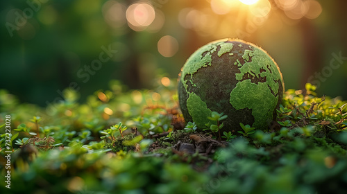 Green globe on green grass in the forest with bokeh background