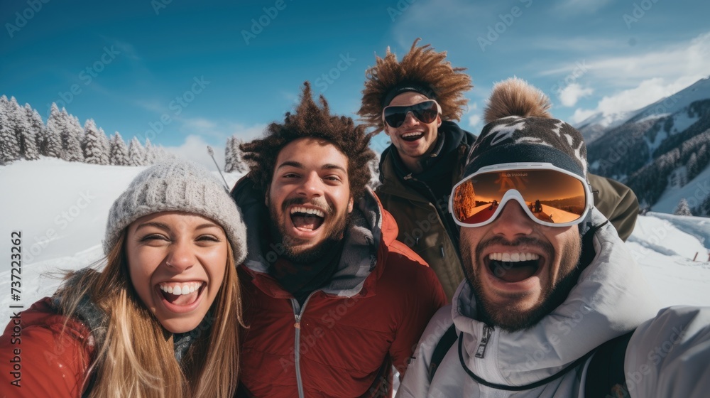 Group of friends having fun in the snow on a sunny day. A group of friends having a great time wearing ski outfit looking at the camera in the snow mountain on a ski holiday Group of friends having fun in the snow on a sunny day. A group of friends having a great time wearing ski outfit looking at the camera in the snow mountain on a ski holiday