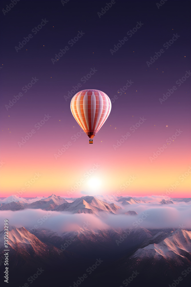 Colorful hot air balloon flying early in the morning over the mountain. Scenic sunrise or sunset view. Spring or summer landscape. Travel and vacation concept