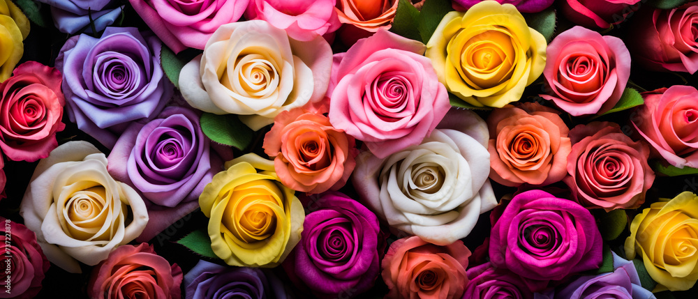 Close-up of vibrant pink, yellow, purple, red, cream, and white roses. Romantic ultrawide background for design, wallpaper, and creative projects. Vintage style, exclusive quality Close-up of vibrant pink, yellow, purple, red, cream, and white roses. Romantic ultrawide background for design, wallpaper, and creative projects. Vintage style, exclusive quality