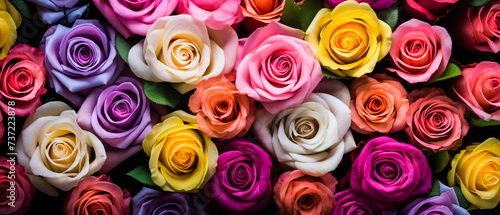 Close-up of vibrant pink, yellow, purple, red, cream, and white roses. Romantic ultrawide background for design, wallpaper, and creative projects. Vintage style, exclusive quality