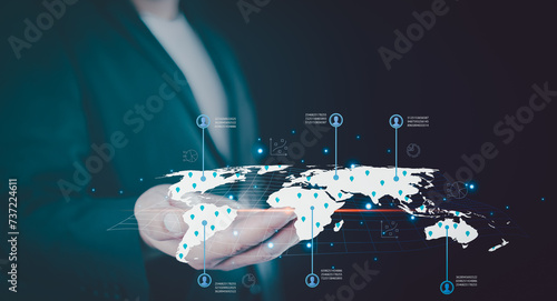 Businessman showing  of map connection line in world map on virtual screen of planet earth show start up, business plan, communicate, technology, global network, internet concept