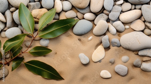 Natural Harmony Sage Twig and Pebble Rocks on Sand Serene Botanical Background