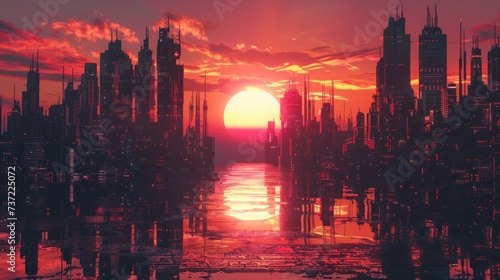 Sunset over a cyberpunk cityscape  neon reflections  dynamic dimensions 